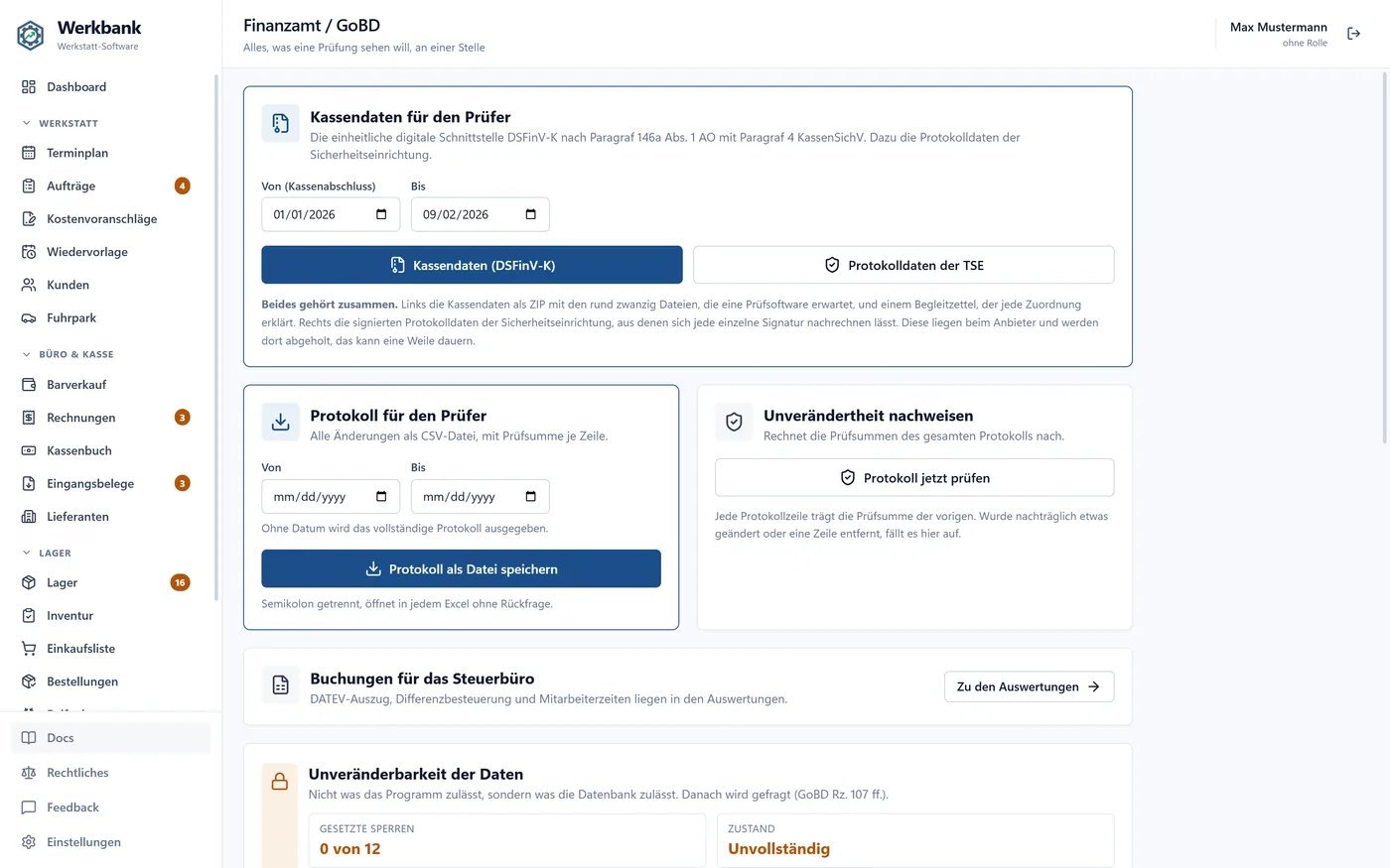 Seite Finanzamt / GoBD mit Kästen für Kassendaten nach DSFinV-K, Protokolldaten der TSE, Änderungsprotokoll als Datei und einer Anzeige der gesetzten Datenbanksperren.