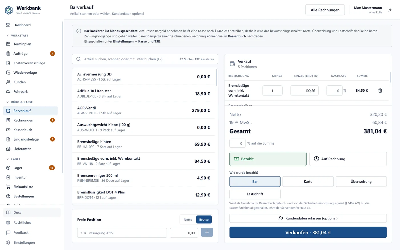 Barverkauf: links die Artikelliste mit Bestand und Preis, rechts der Verkauf mit Positionen, Nettobetrag, Mehrwertsteuer, Gesamtsumme und den Knöpfen für die Zahlart.