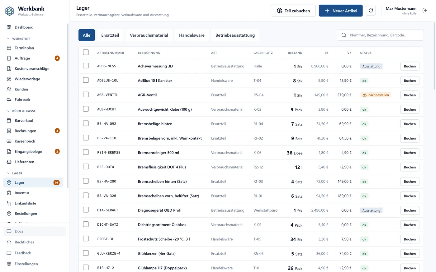 Lagerliste mit Reitern für die vier Artikelarten und einer Tabelle aus Artikelnummer, Bezeichnung, Art, Lagerplatz, Bestand, Preis und Status.