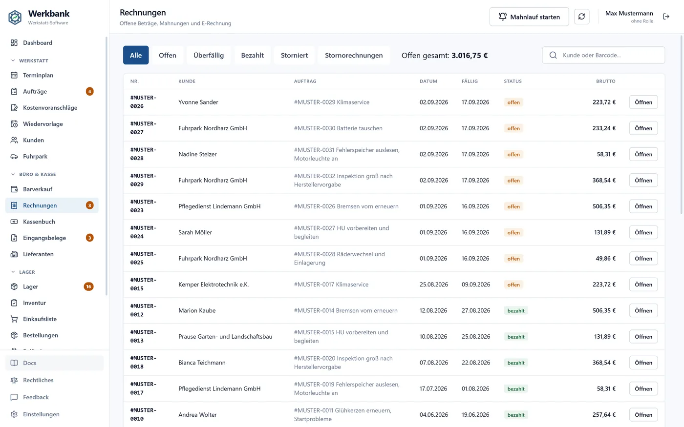 Rechnungsliste mit Filtern für offen, überfällig, bezahlt und storniert, Summe der offenen Beträge und einer Tabelle aus Nummer, Kunde, Auftrag, Datum, Fälligkeit, Status und Betrag.