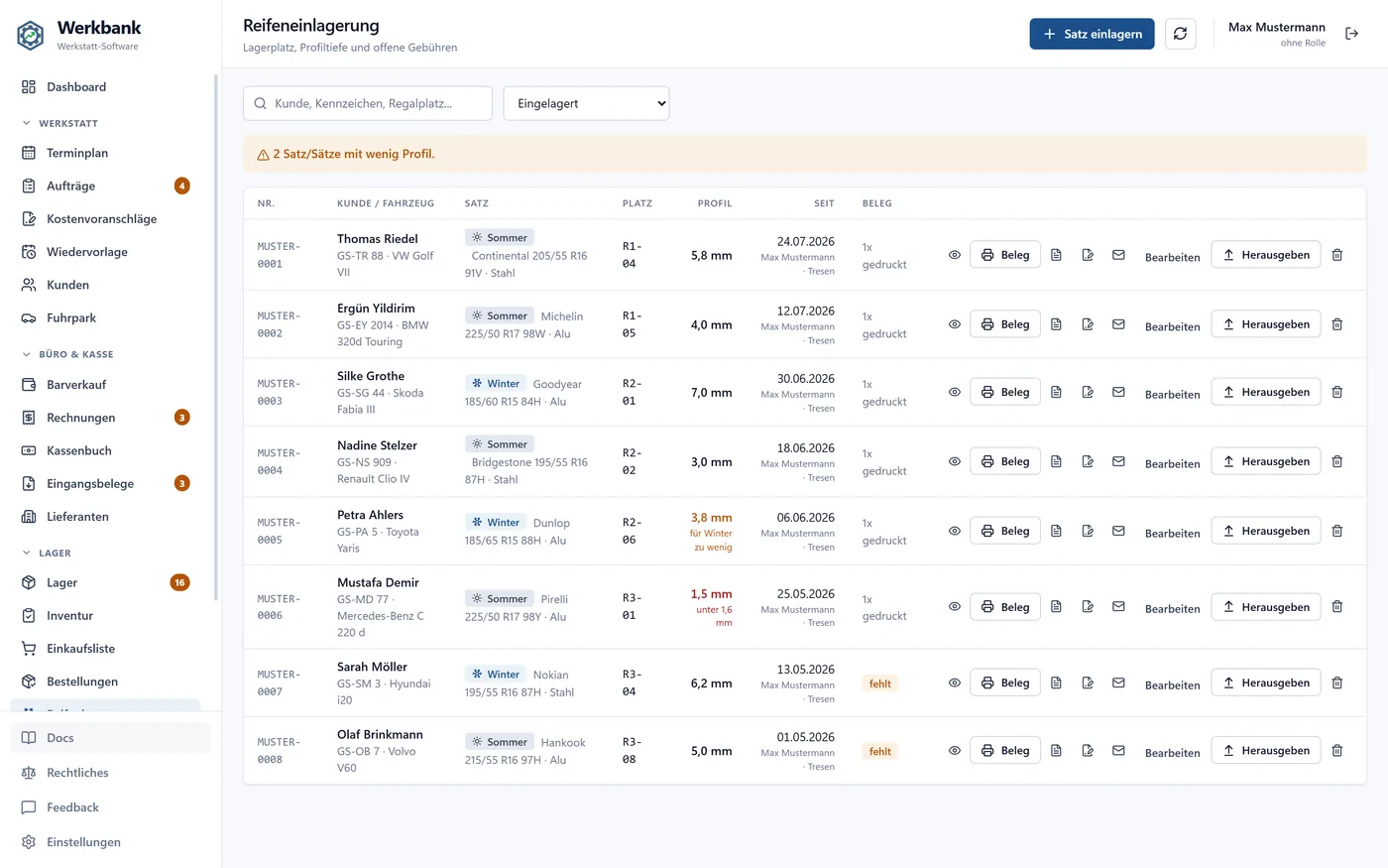 Reifeneinlagerung mit Warnhinweis zu Sätzen mit wenig Profil und einer Tabelle aus Kunde, Fahrzeug, Satz, Lagerplatz, Profiltiefen und Belegen.